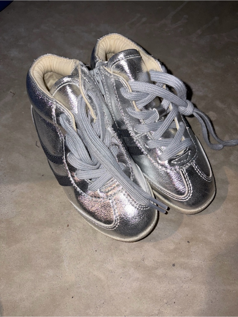 Zara Silver Metallic Kids Sneakers with Lace-Up and Side Zip